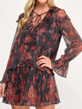 Seni & Cade Mini Dress Juniors XS Black Red Floral Pleated Ruffle Long Sleeves